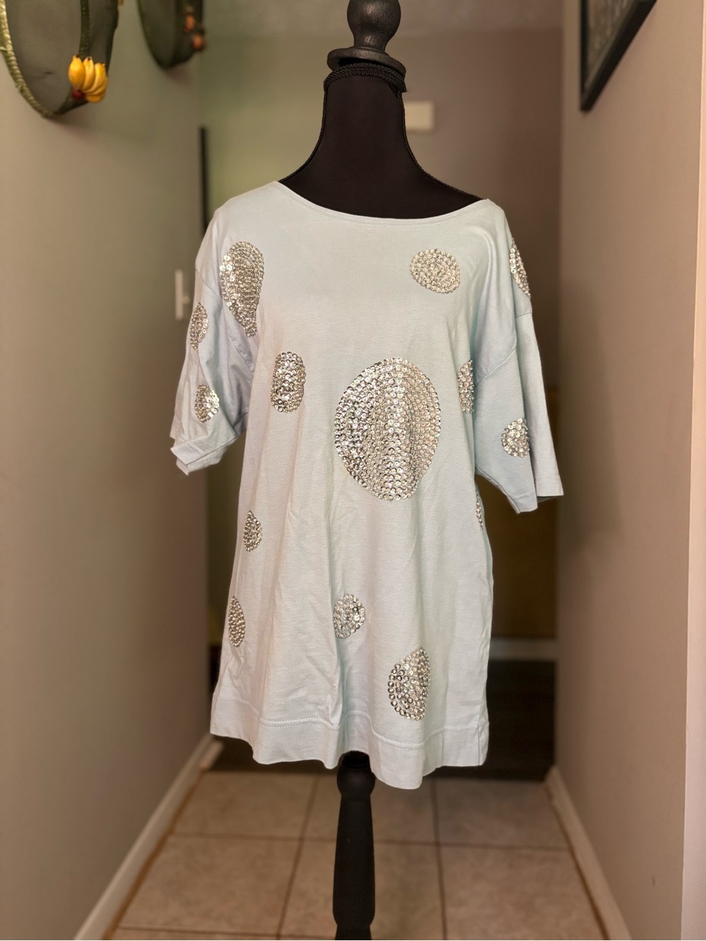 Light Blue Short Sleeve Tee with Sequin Circle Accents